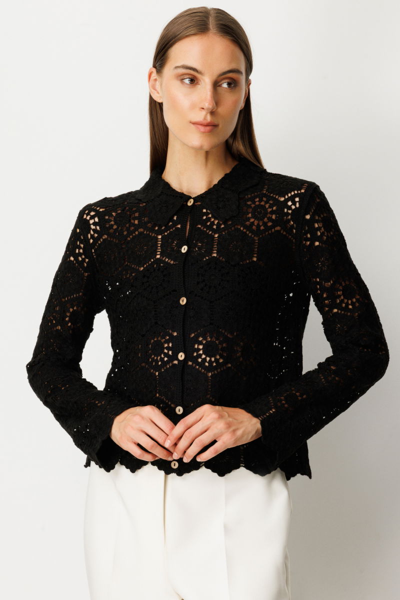 On Kadın Dantelli Uzun Kollu Pamuk Hırka 66946 Siyah - 2