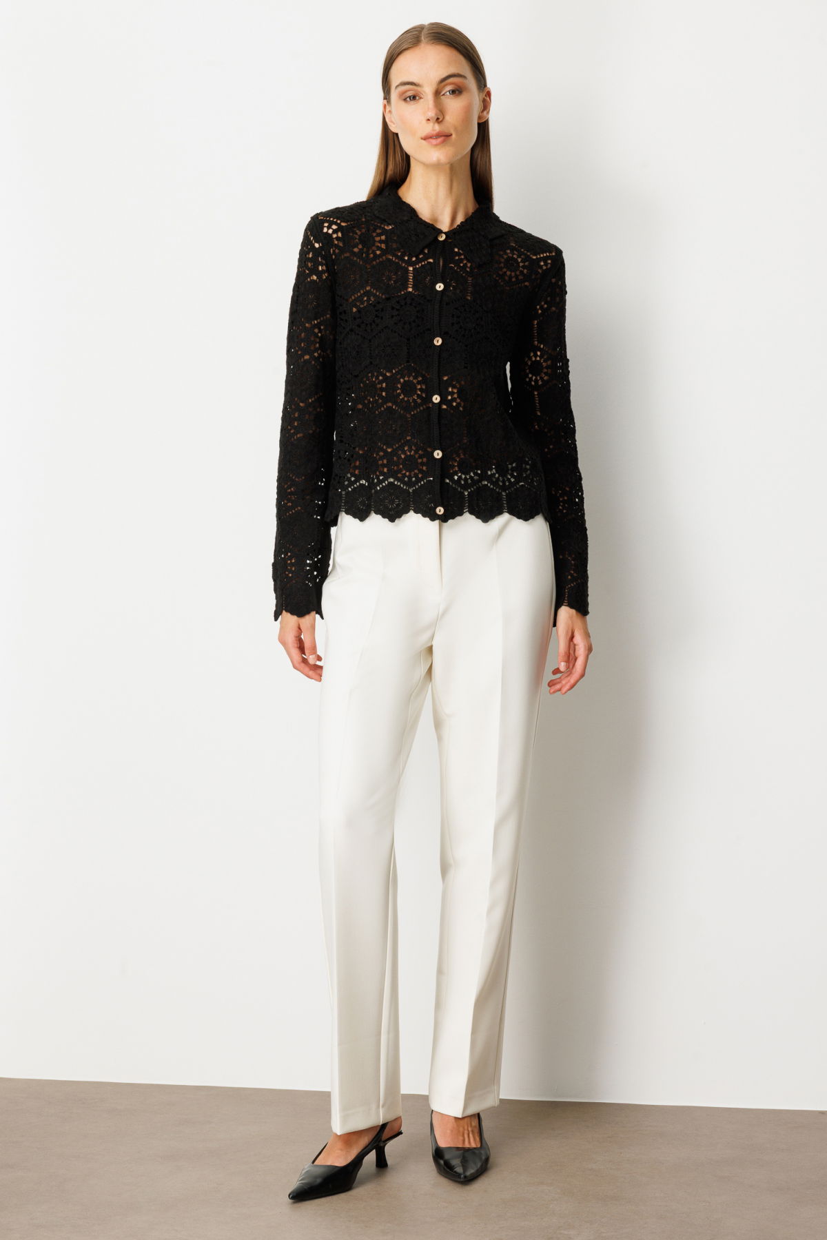 On Kadın Dantelli Uzun Kollu Pamuk Hırka 66946 Siyah - 3