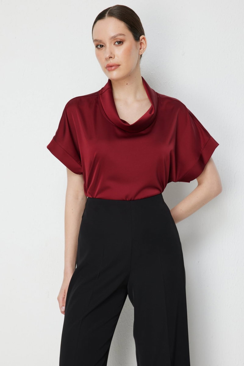 On Kadın Degaje Yaka Kısa Kollu Bluz 74434 Bordo - 2