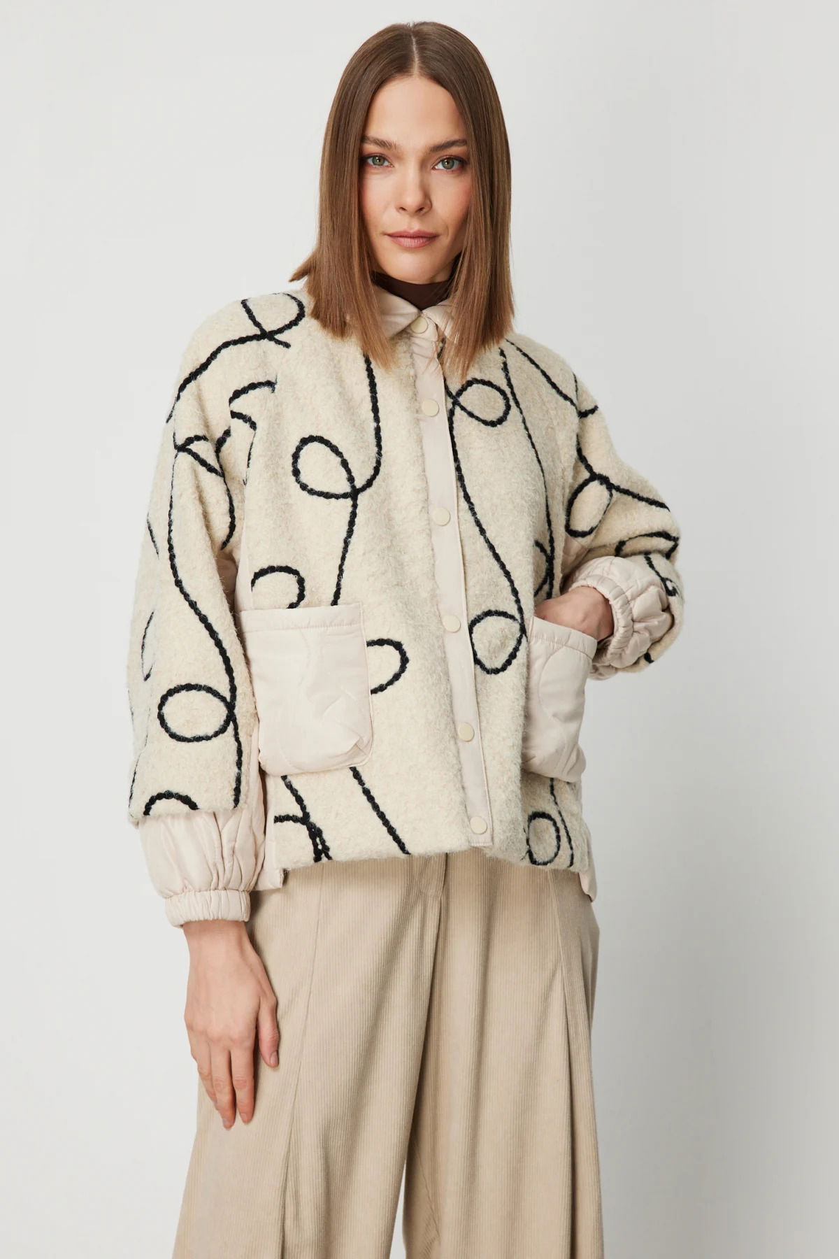 On Kadın Desenli Mix Kumaş Mont 60708 Ekru - 1