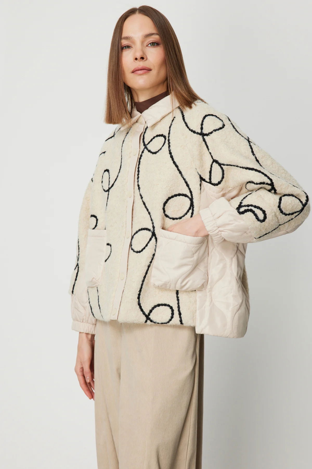 On Kadın Desenli Mix Kumaş Mont 60708 Ekru - 2