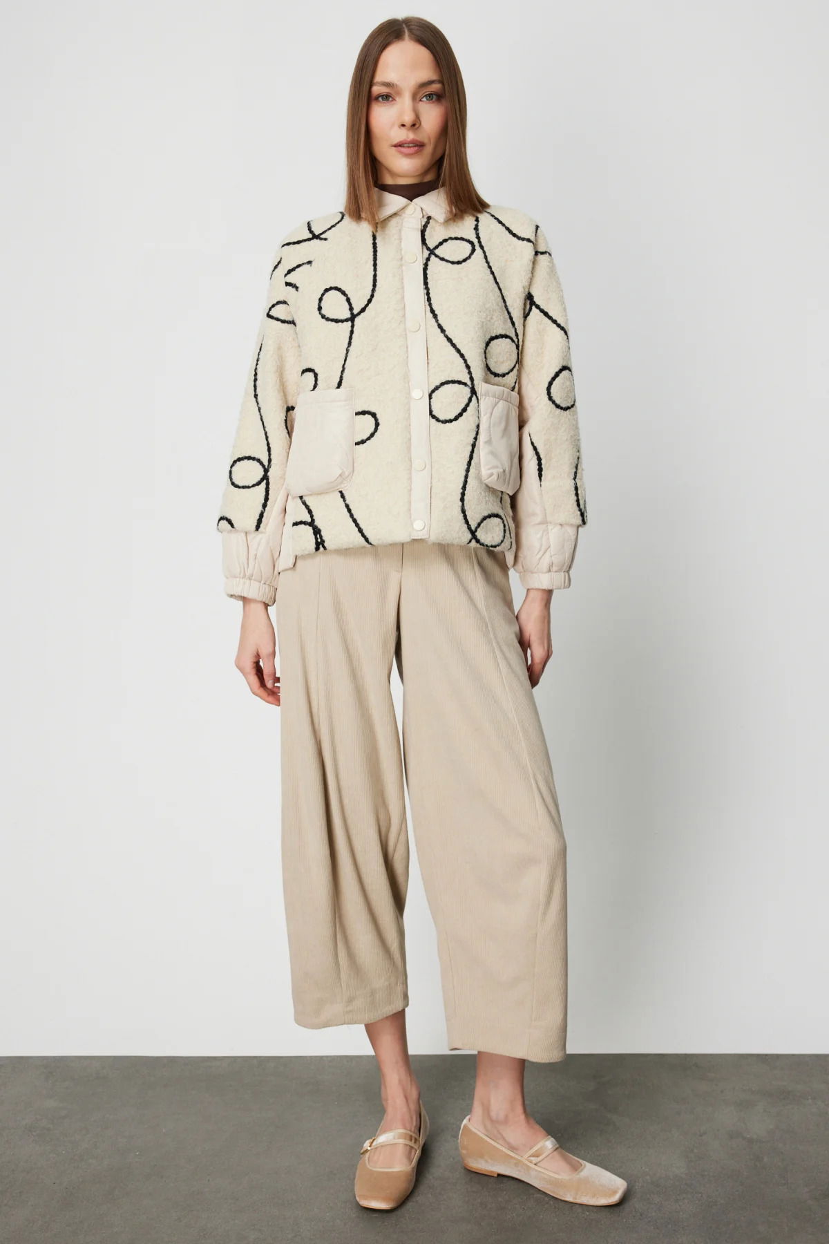 On Kadın Desenli Mix Kumaş Mont 60708 Ekru - 3