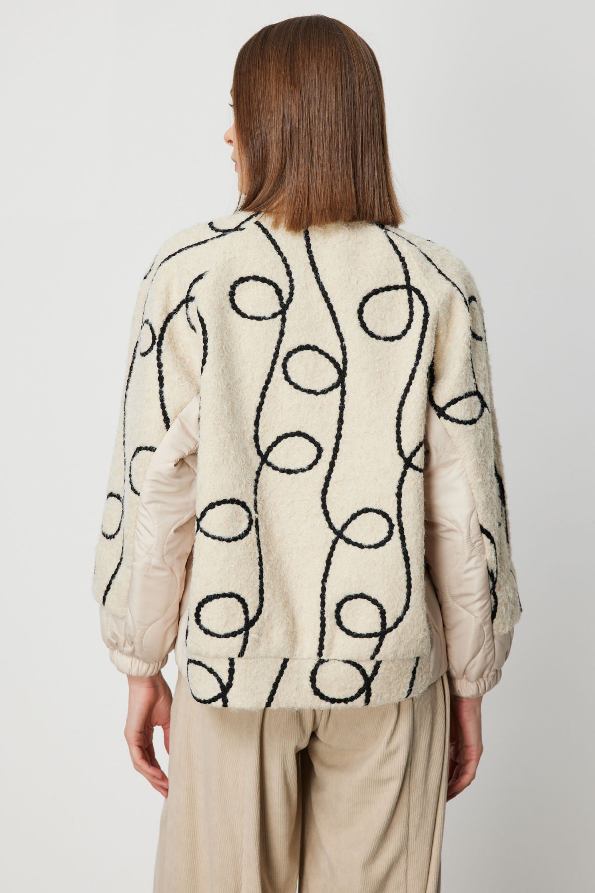 On Kadın Desenli Mix Kumaş Mont 60708 Ekru - 4