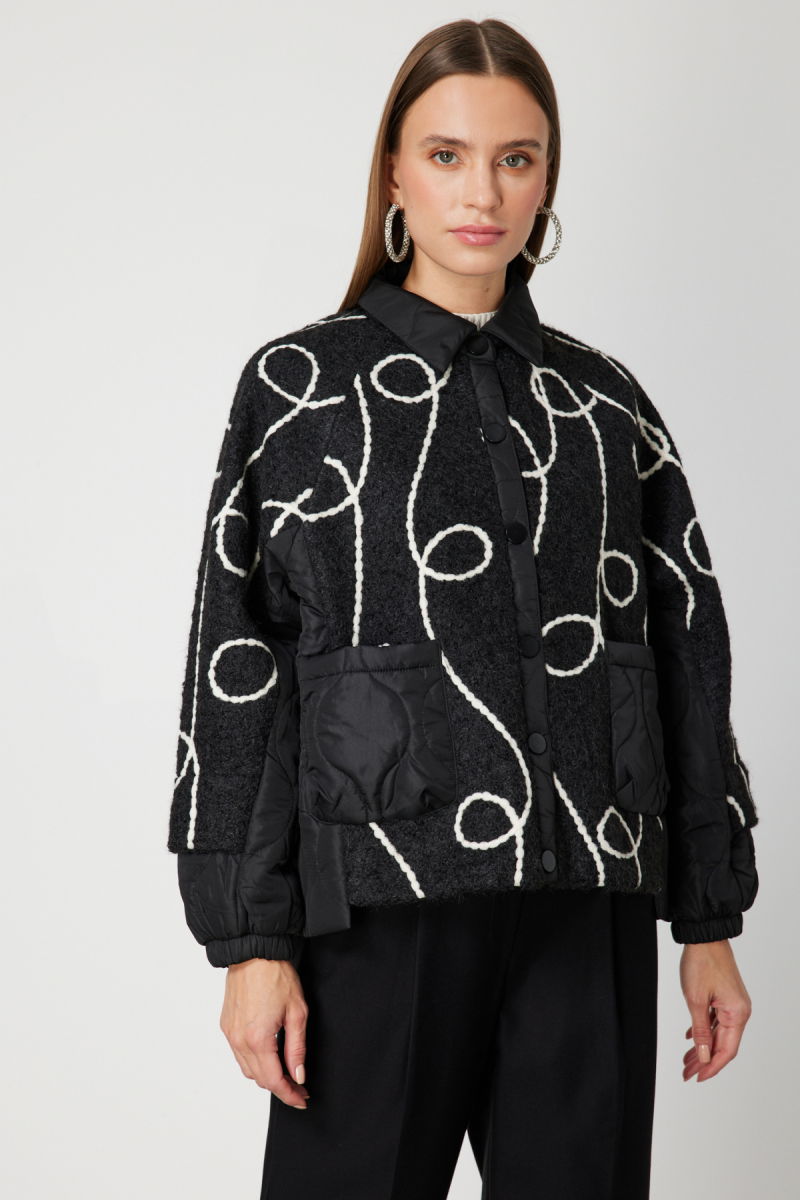 On Kadın Desenli Mix Kumaş Mont 60708 Siyah - On