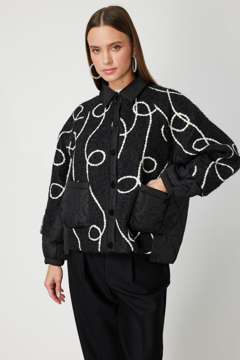 On Kadın Desenli Mix Kumaş Mont 60708 Siyah - 2