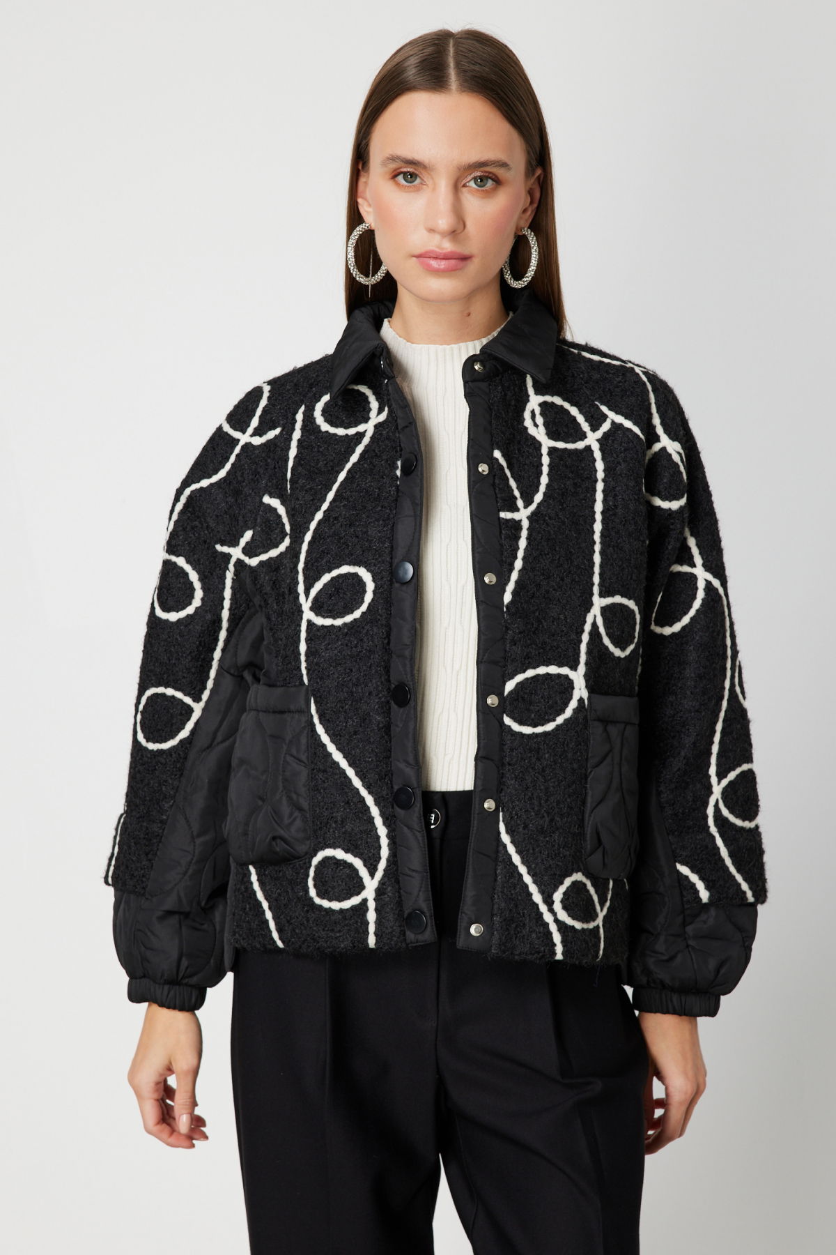 On Kadın Desenli Mix Kumaş Mont 60708 Siyah - 3