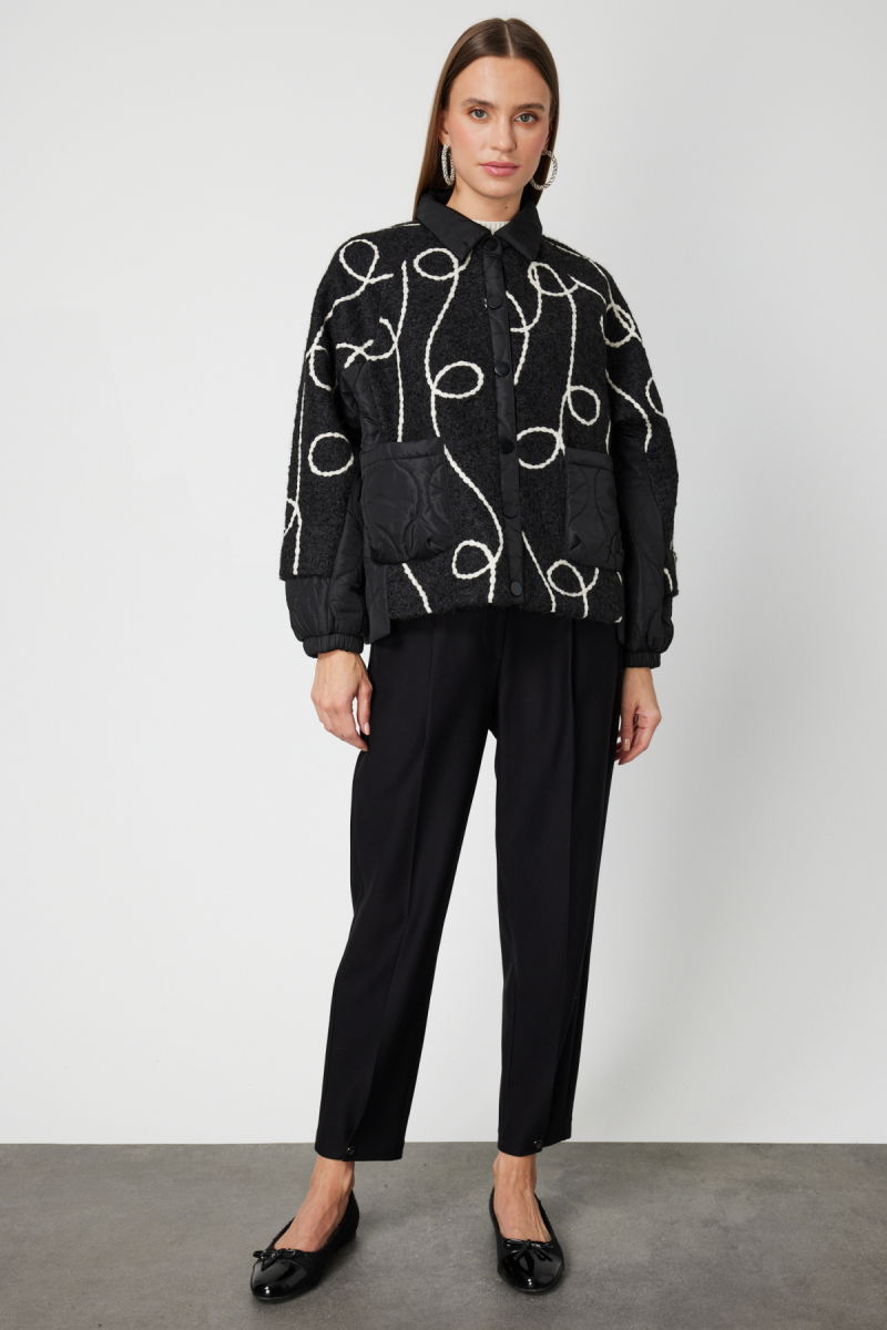 On Kadın Desenli Mix Kumaş Mont 60708 Siyah - 4