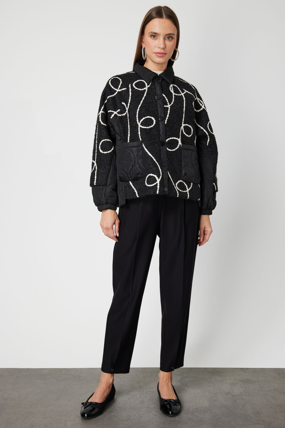 On Kadın Desenli Mix Kumaş Mont 60708 Siyah - 4