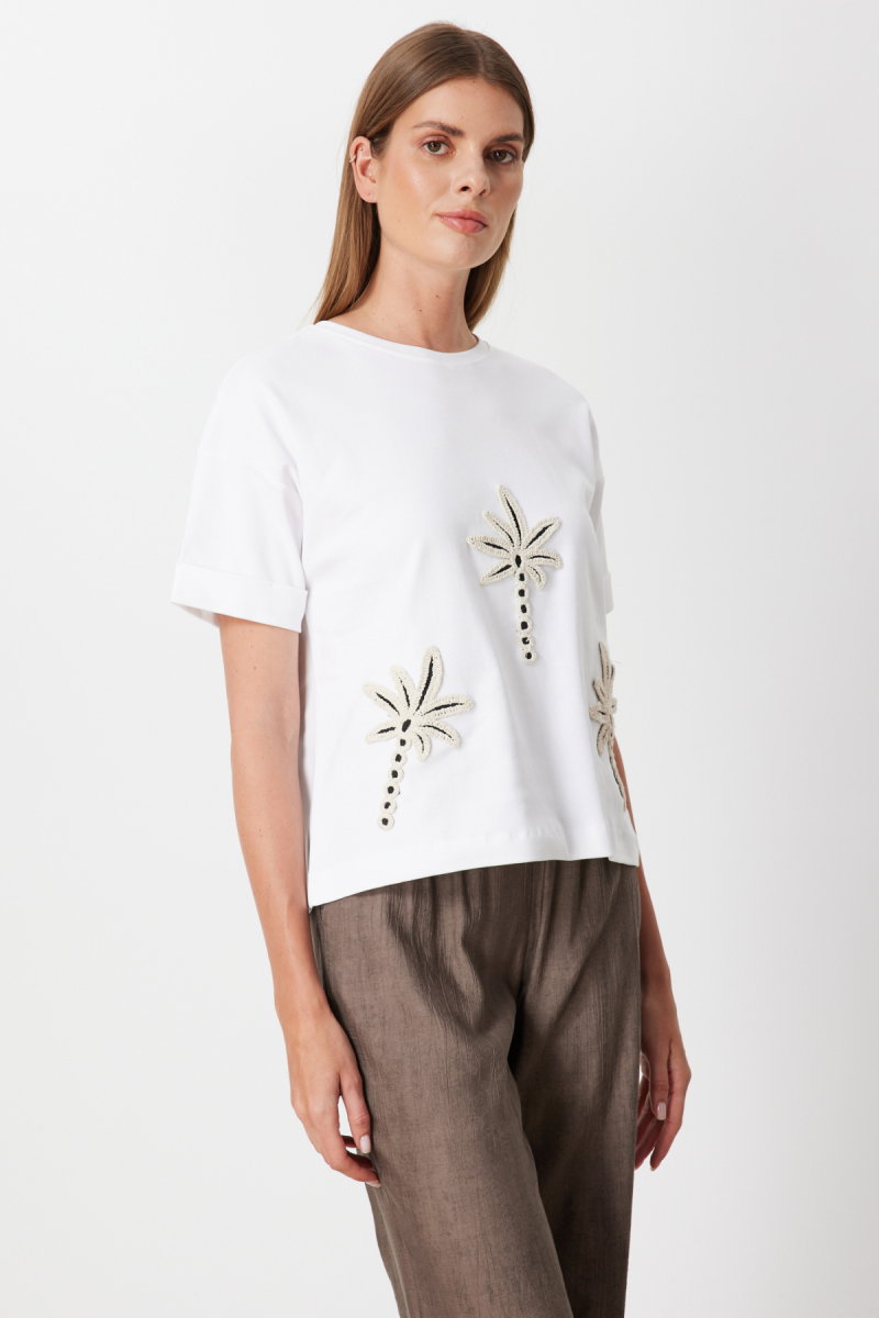 On Kadın Desenli Sıfır Yaka T-Shirt 71362 Beyaz - 2