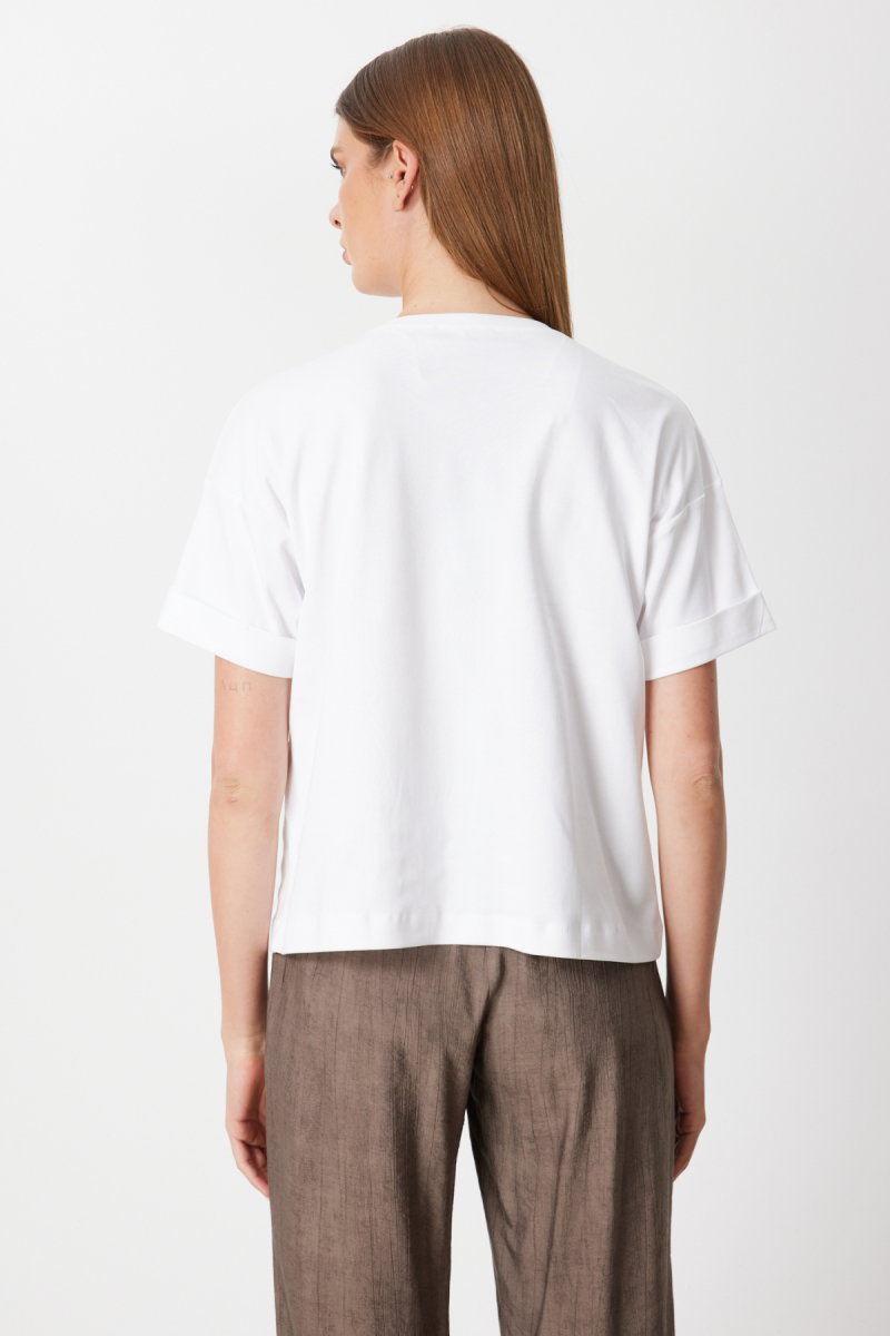 On Kadın Desenli Sıfır Yaka T-Shirt 71362 Beyaz - 3