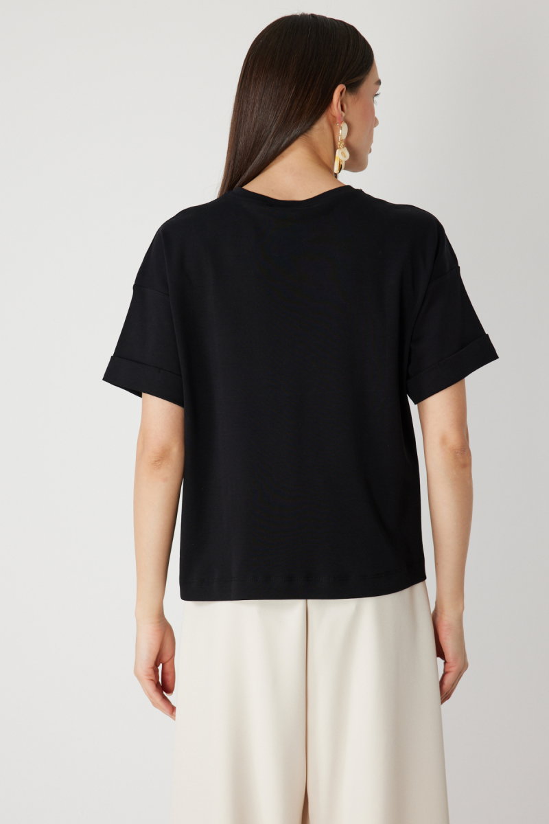 On Kadın Desenli Sıfır Yaka T-Shirt 71362 Siyah - 4