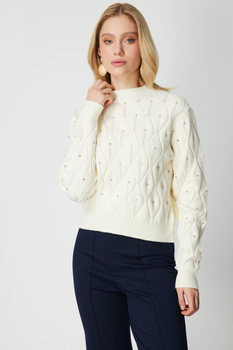 On Kadın Desenli Taş Detaylı Triko Kazak 60317 Ekru - 2