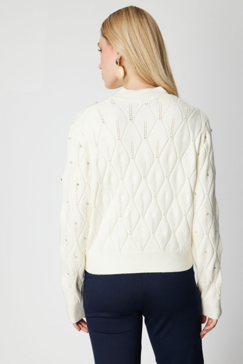 On Kadın Desenli Taş Detaylı Triko Kazak 60317 Ekru - 4