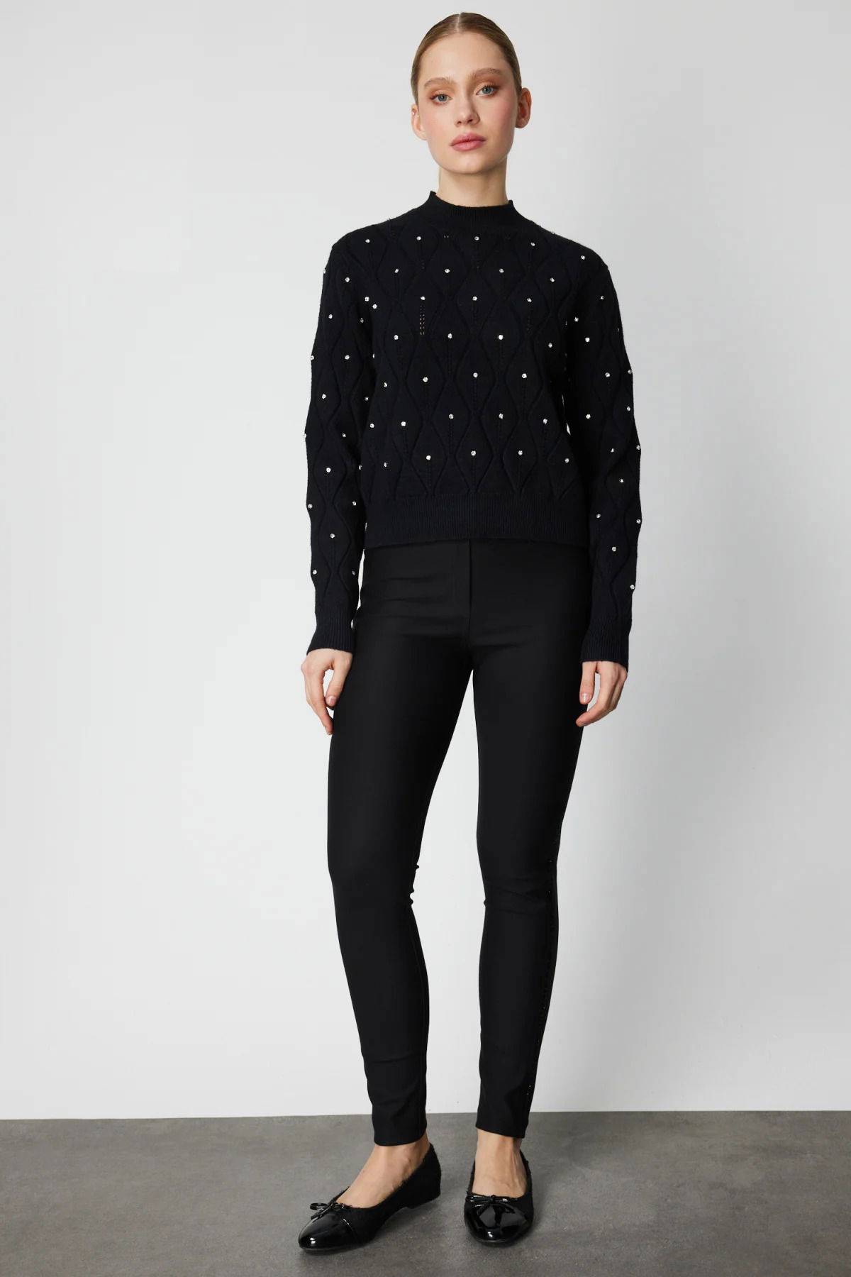 On Kadın Desenli Taş Detaylı Triko Kazak 60317 Siyah - 3