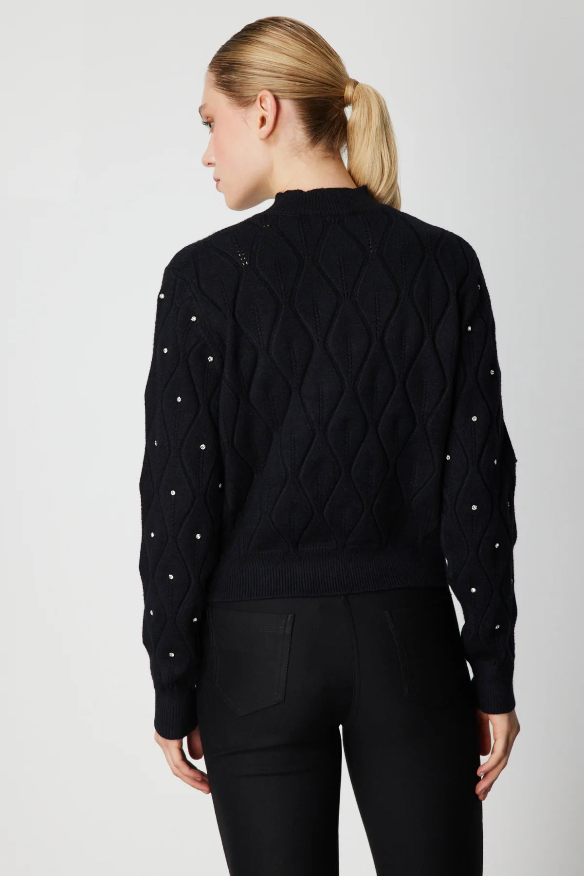 On Kadın Desenli Taş Detaylı Triko Kazak 60317 Siyah - 4