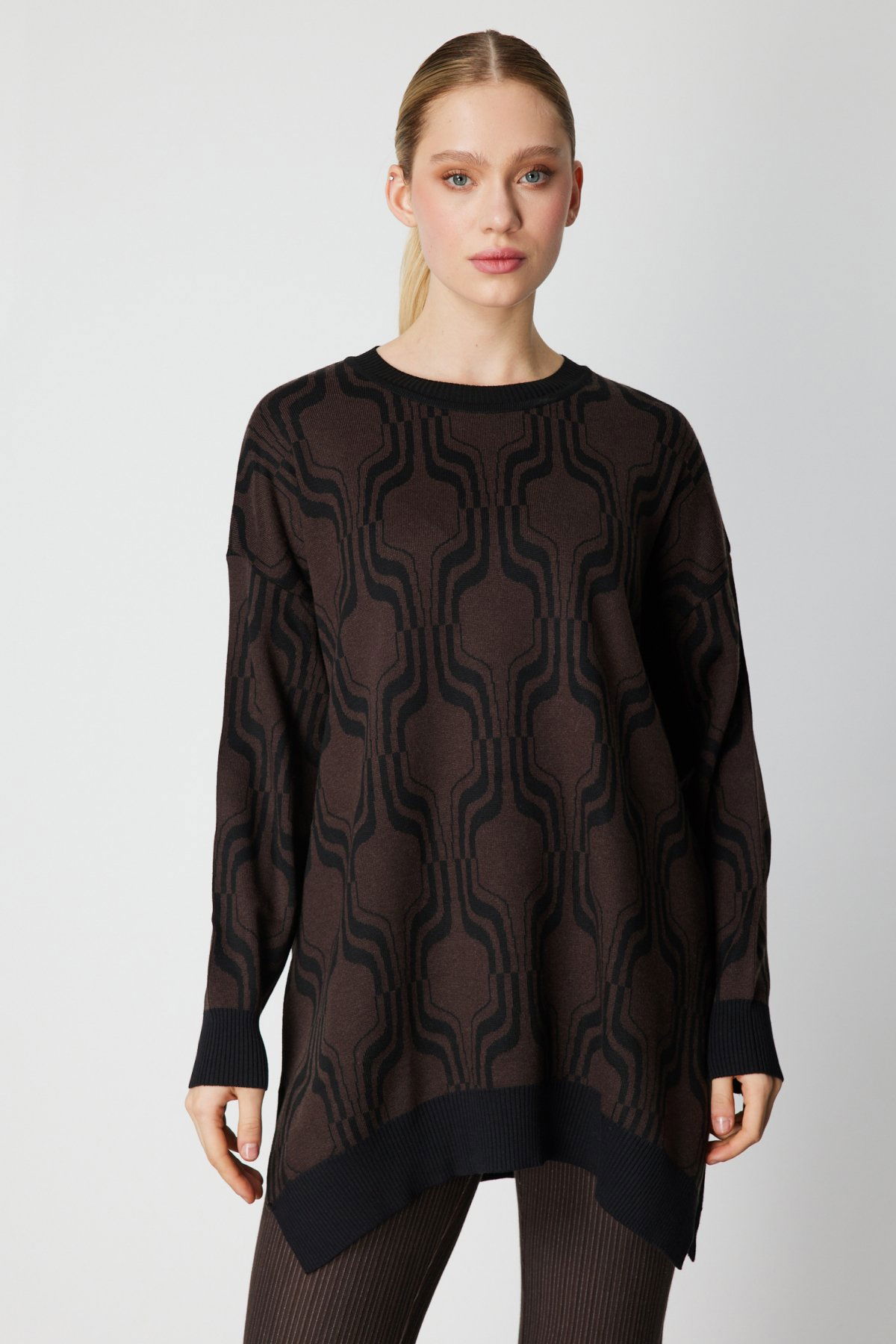 On Kadın Desenli Uzun Triko Kazak 65336 Kahverengi - 1