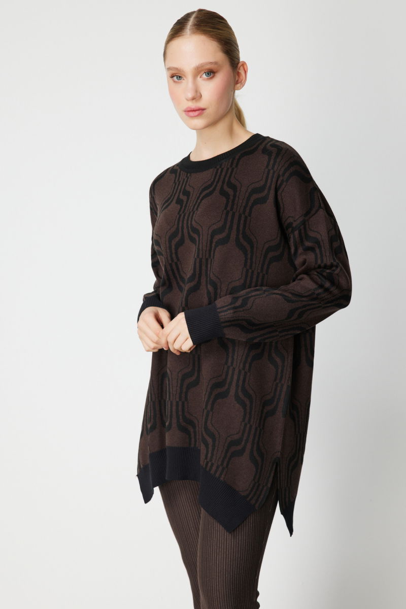 On Kadın Desenli Uzun Triko Kazak 65336 Kahverengi - 2