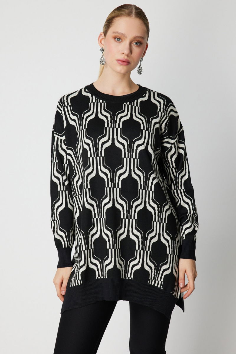 On Kadın Desenli Uzun Triko Kazak 65336 Siyah - On