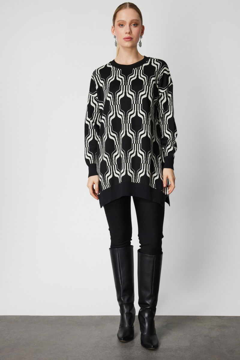 On Kadın Desenli Uzun Triko Kazak 65336 Siyah - 3