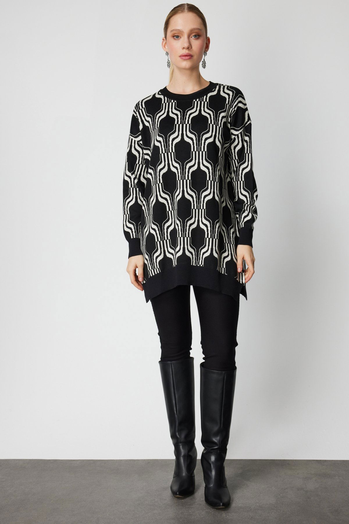 On Kadın Desenli Uzun Triko Kazak 65336 Siyah - 3