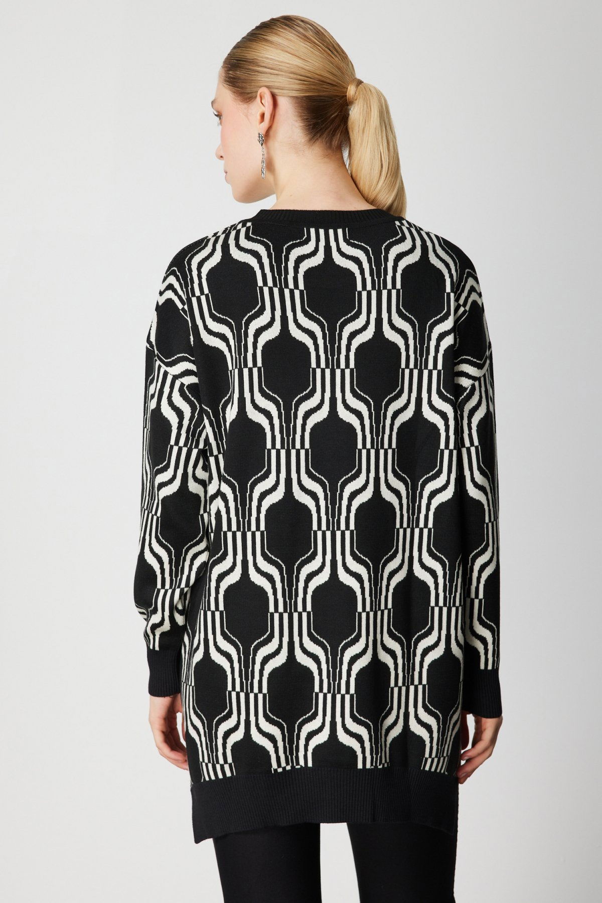 On Kadın Desenli Uzun Triko Kazak 65336 Siyah - 4