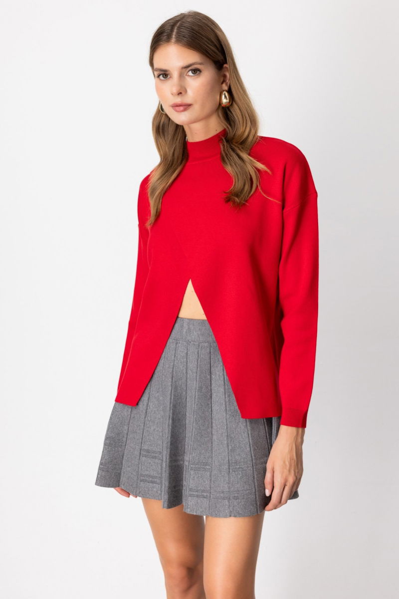 On Kadın Dik Yaka Asimetrik Kesim Triko Kazak 65343 Kırmızı - On