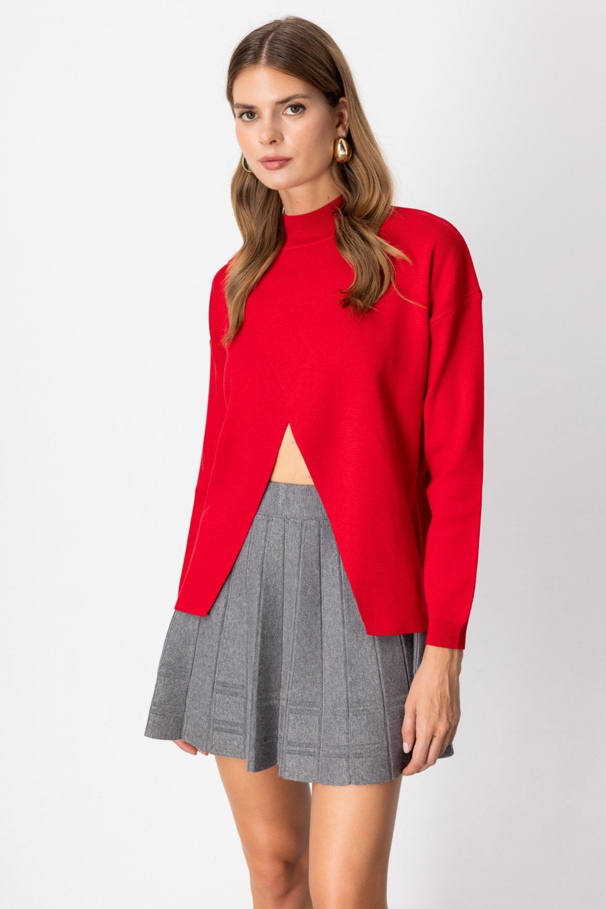 On Kadın Dik Yaka Asimetrik Kesim Triko Kazak 65343 Kırmızı - 1