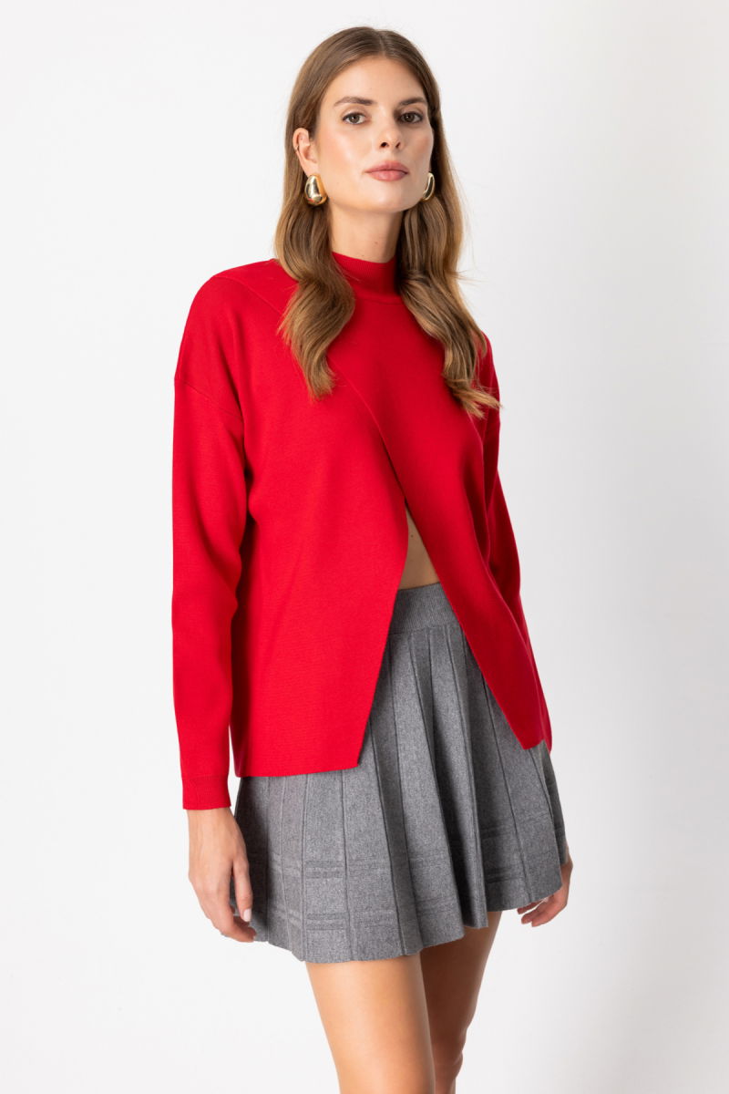 On Kadın Dik Yaka Asimetrik Kesim Triko Kazak 65343 Kırmızı - 2