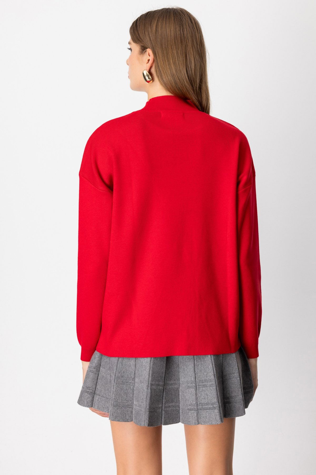 On Kadın Dik Yaka Asimetrik Kesim Triko Kazak 65343 Kırmızı - 4