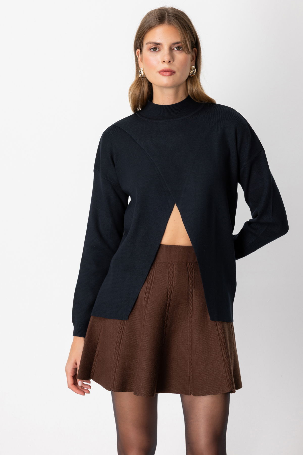 On Kadın Dik Yaka Asimetrik Kesim Triko Kazak 65343 Siyah - 2