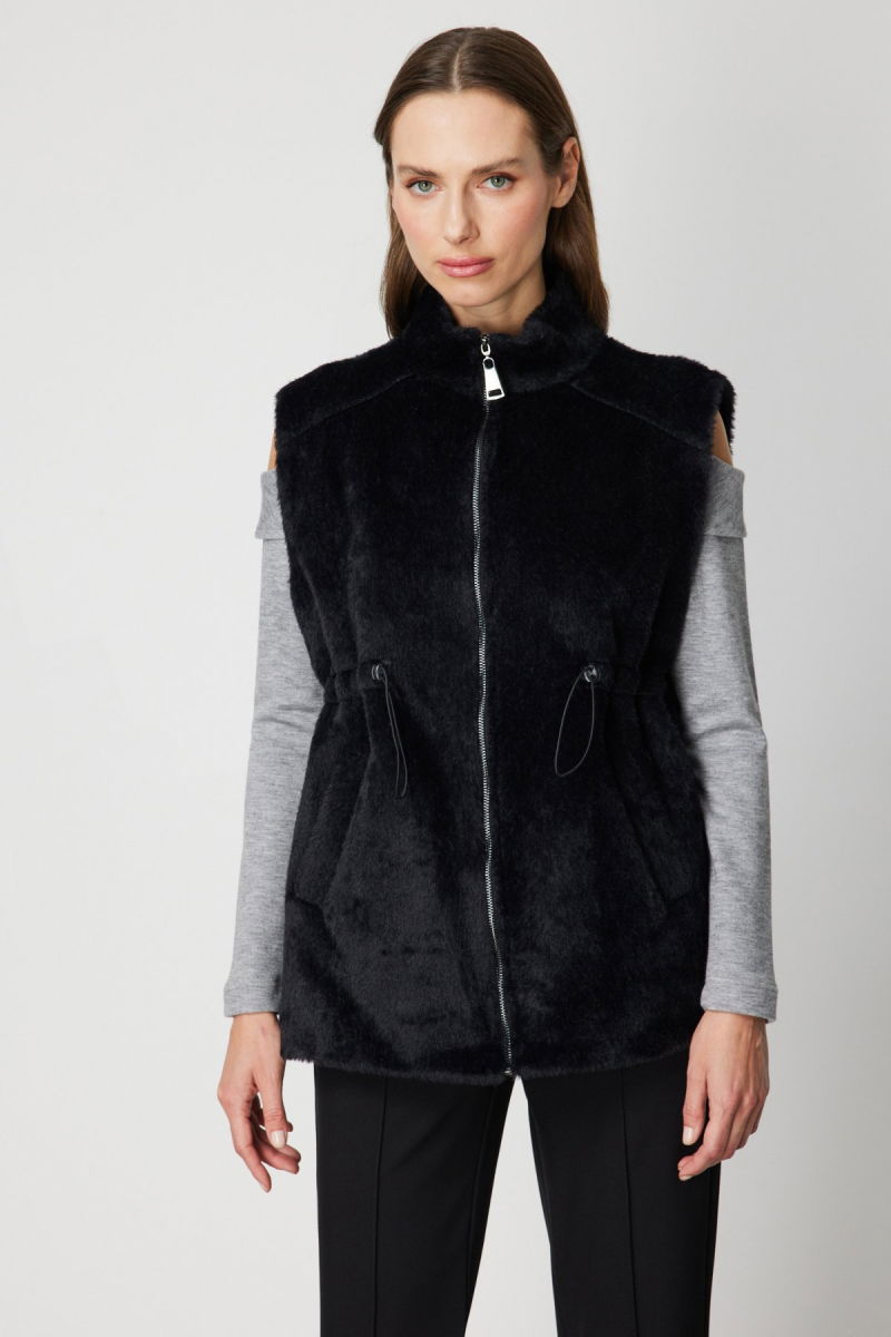 On Kadın Dik Yaka Beli Lastikli Peluş Yelek 66932 Siyah - On