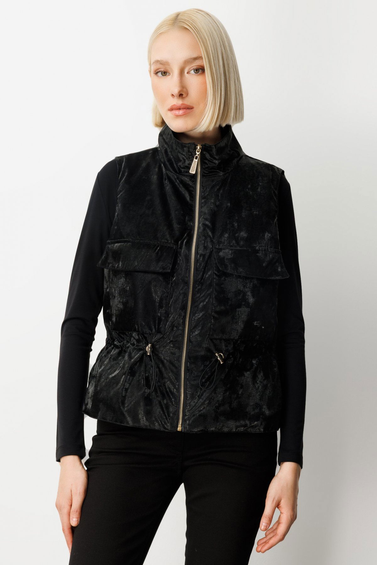 On Kadın Dik Yaka Beli Lastikli Yelek 60998 Siyah - 1