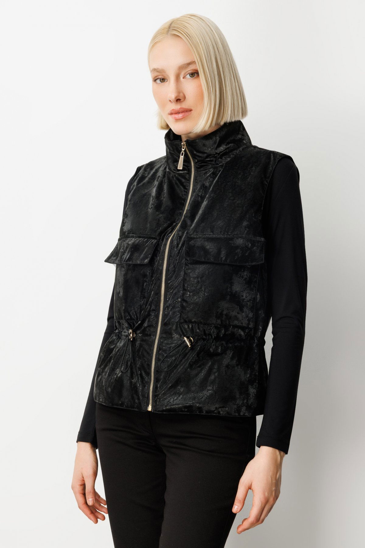 On Kadın Dik Yaka Beli Lastikli Yelek 60998 Siyah - 2