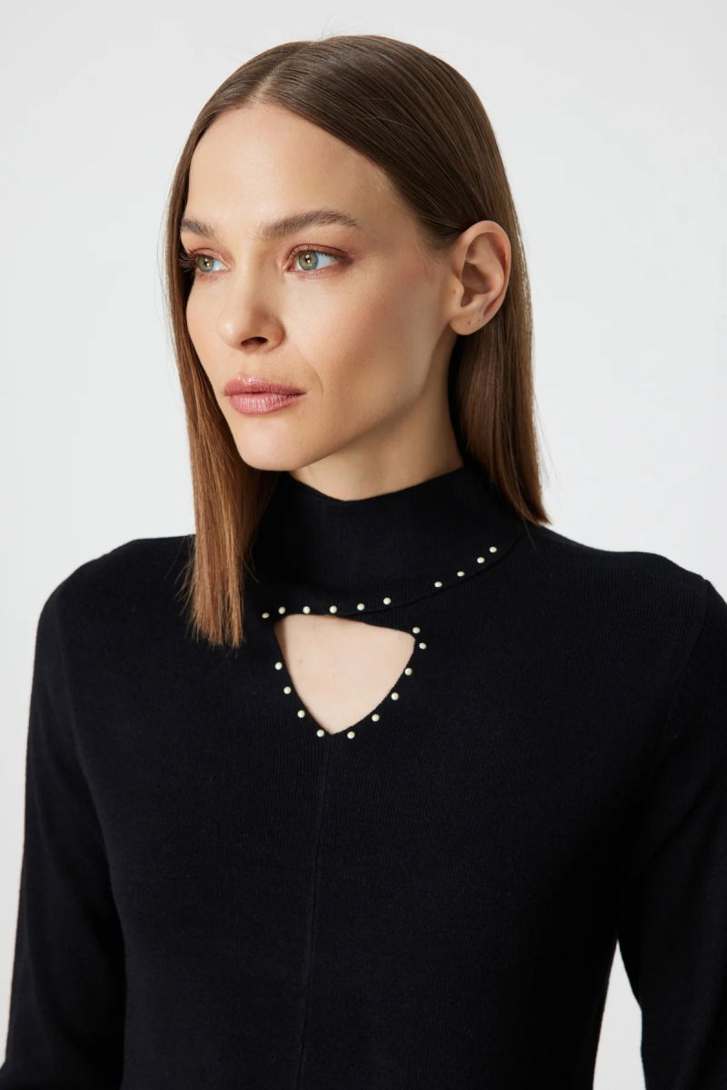 On Kadın Dik Yaka Boncuk Detaylı Triko Kazak 60484 Siyah - 2