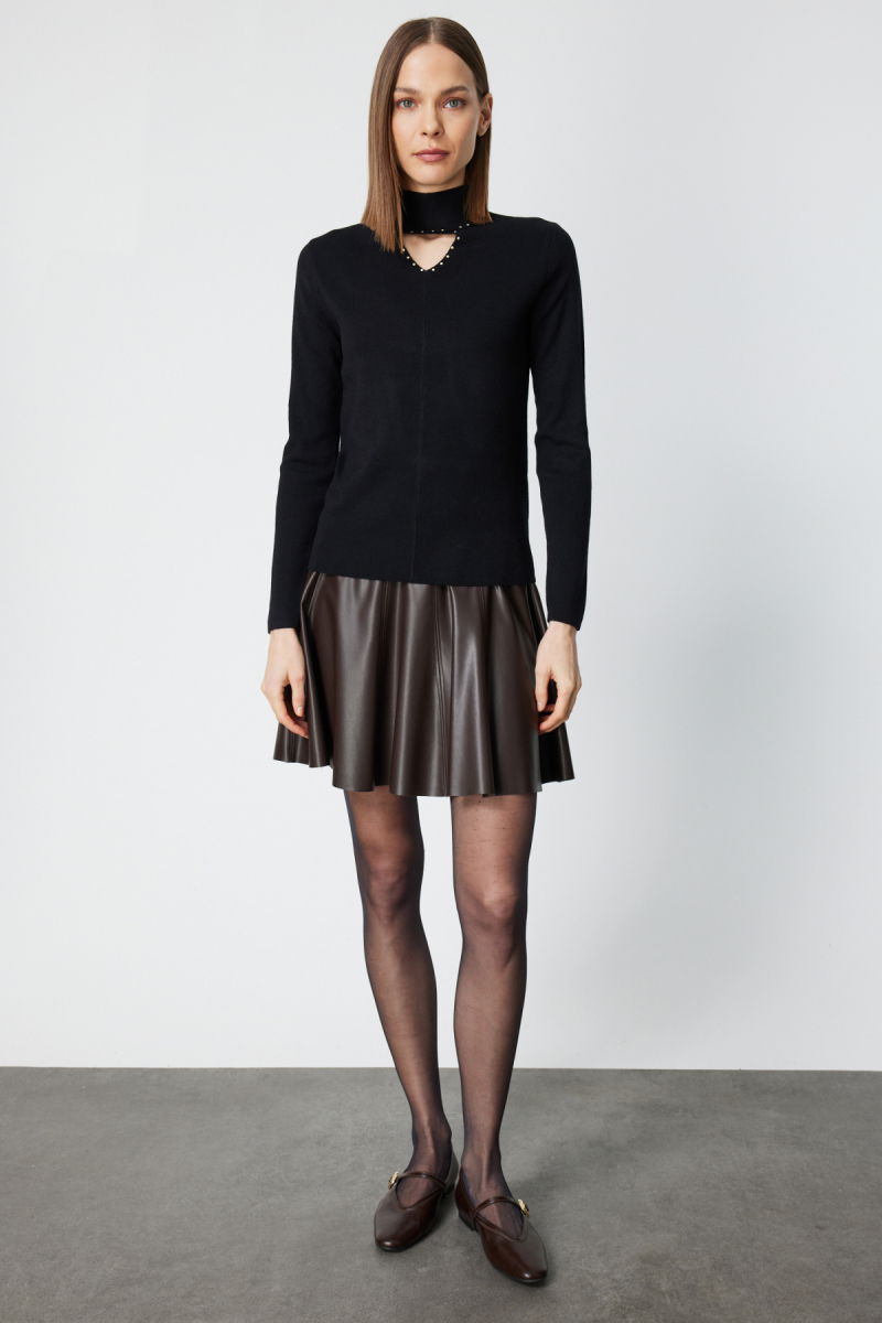 On Kadın Dik Yaka Boncuk Detaylı Triko Kazak 60484 Siyah - 3