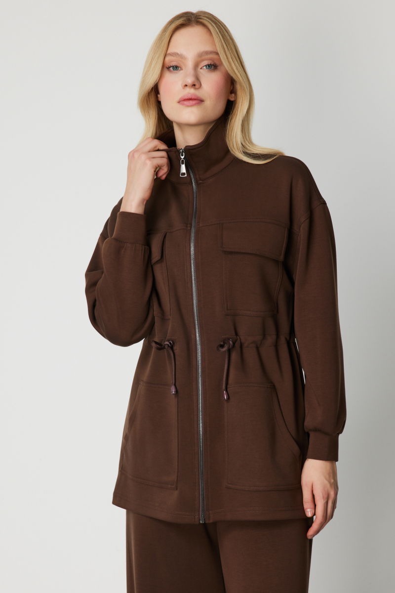 On Kadın Dik Yaka Çok Cepli Ceket 66521 Kahverengi - 2