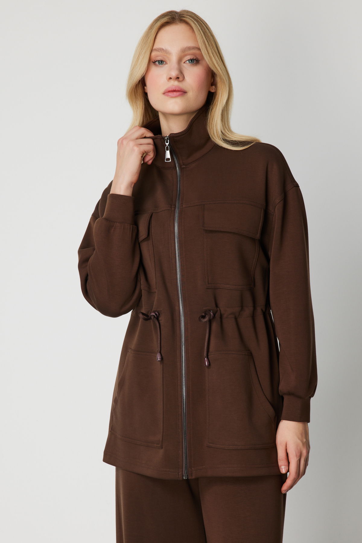 On Kadın Dik Yaka Çok Cepli Ceket 66521 Kahverengi - 2