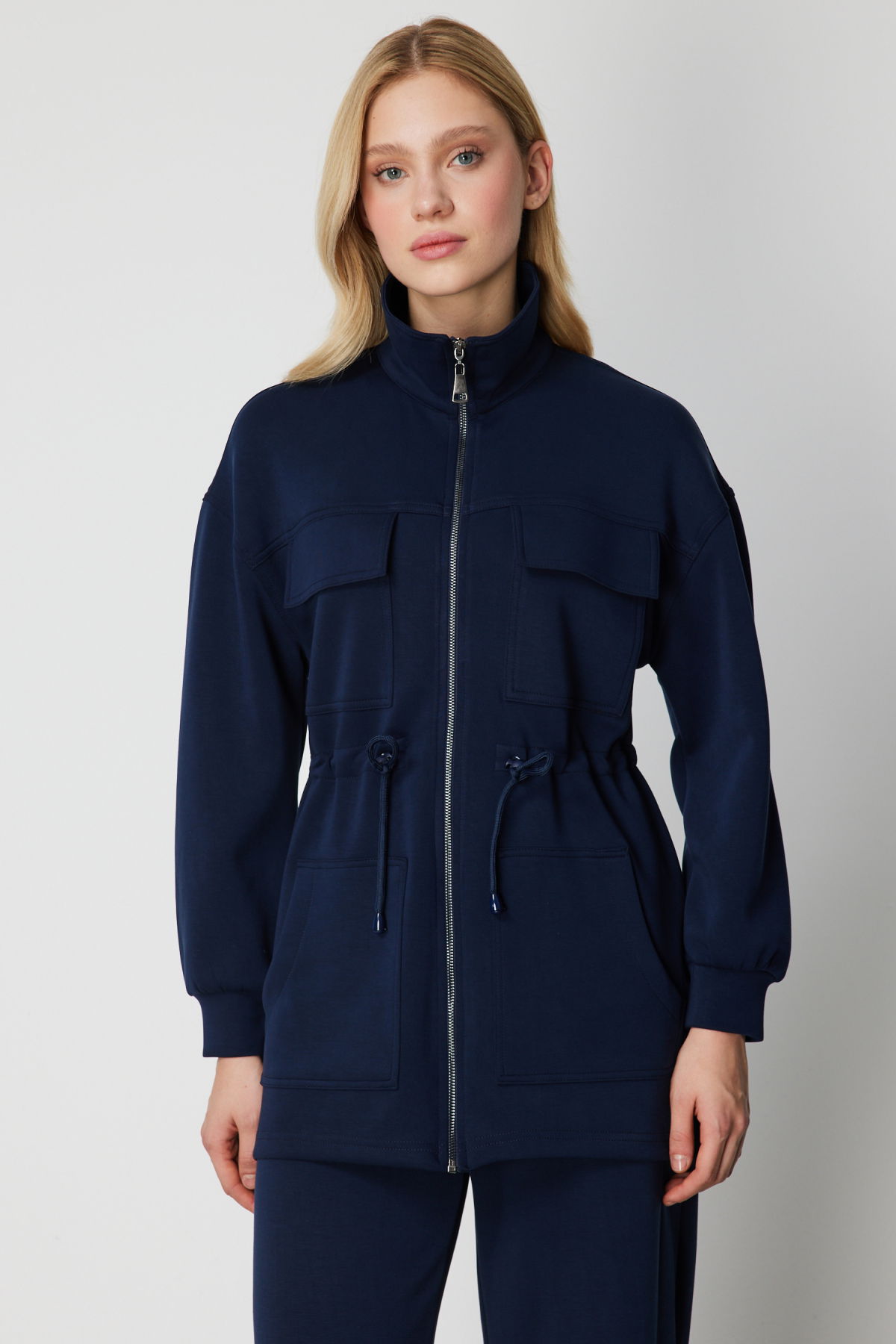 On Kadın Dik Yaka Çok Cepli Ceket 66521 Lacivert - 1