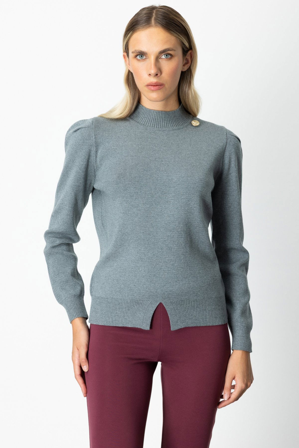 On Kadın Dik Yaka Düğme Detaylı Kazak 65331 Gri - 1