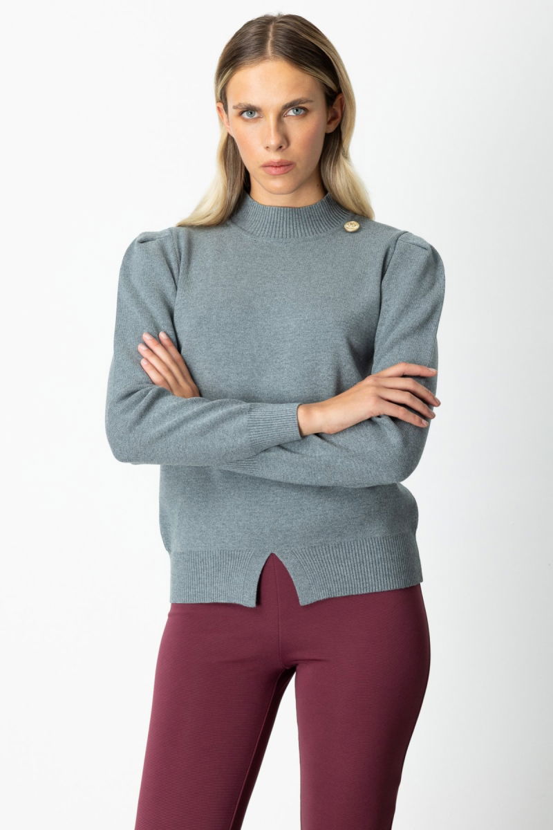 On Kadın Dik Yaka Düğme Detaylı Kazak 65331 Gri - 2