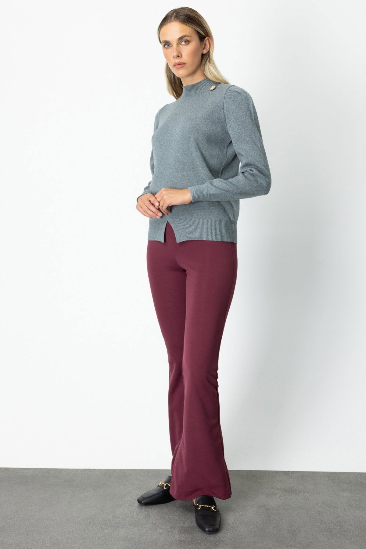 On Kadın Dik Yaka Düğme Detaylı Kazak 65331 Gri - 3