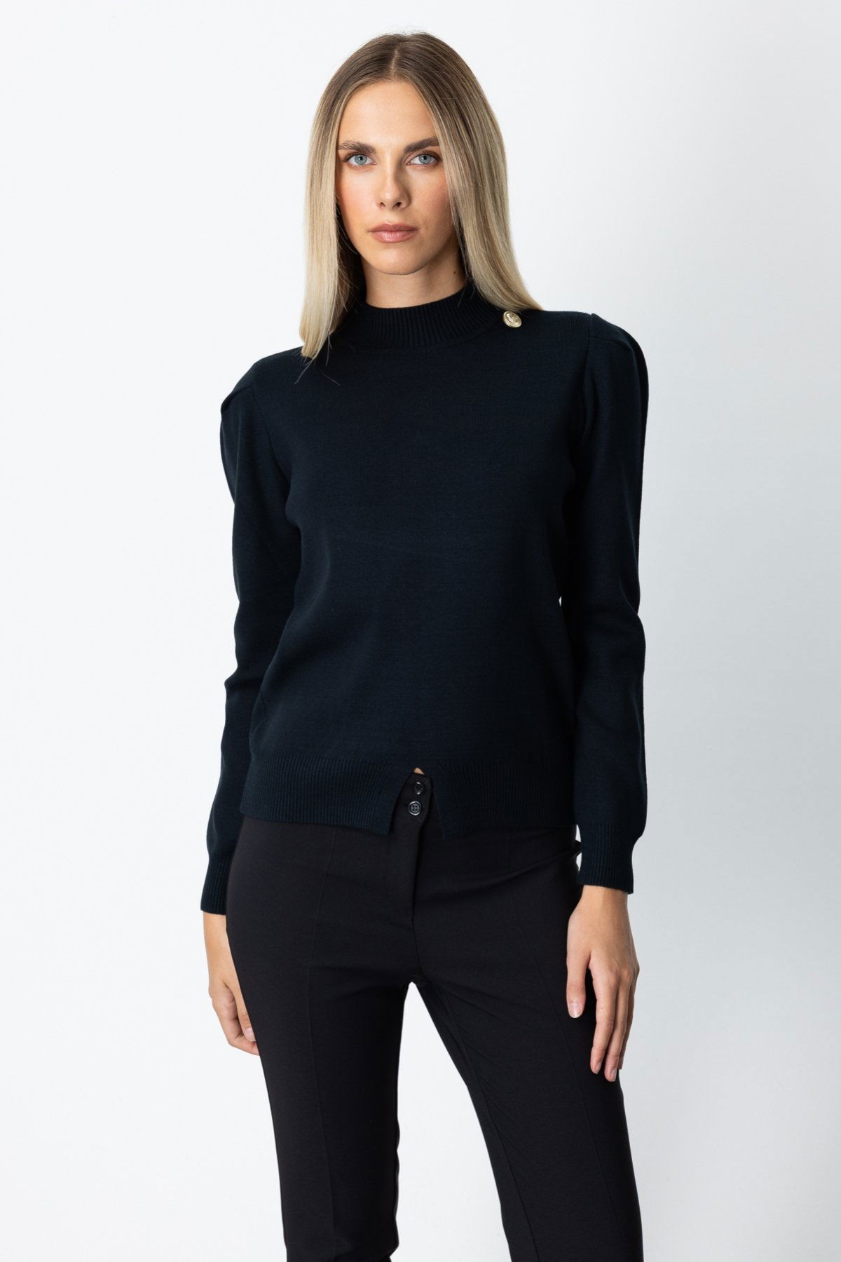 On Kadın Dik Yaka Düğme Detaylı Kazak 65331 Siyah - 1