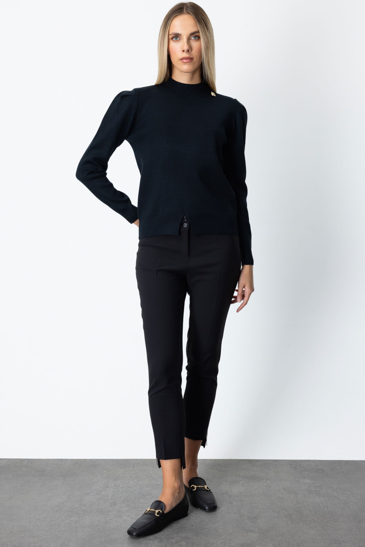 On Kadın Dik Yaka Düğme Detaylı Kazak 65331 Siyah - 3