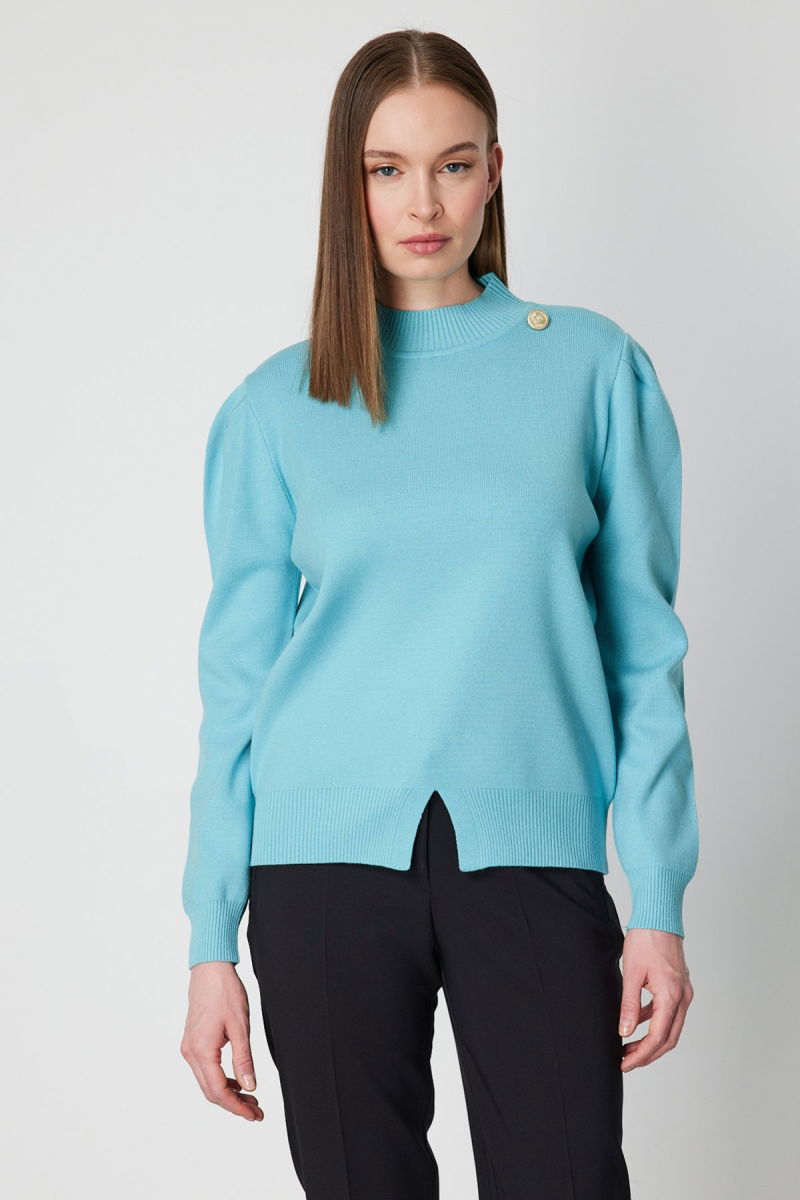On Kadın Dik Yaka Düğme Detaylı Kazak 65331 Turkuaz - On