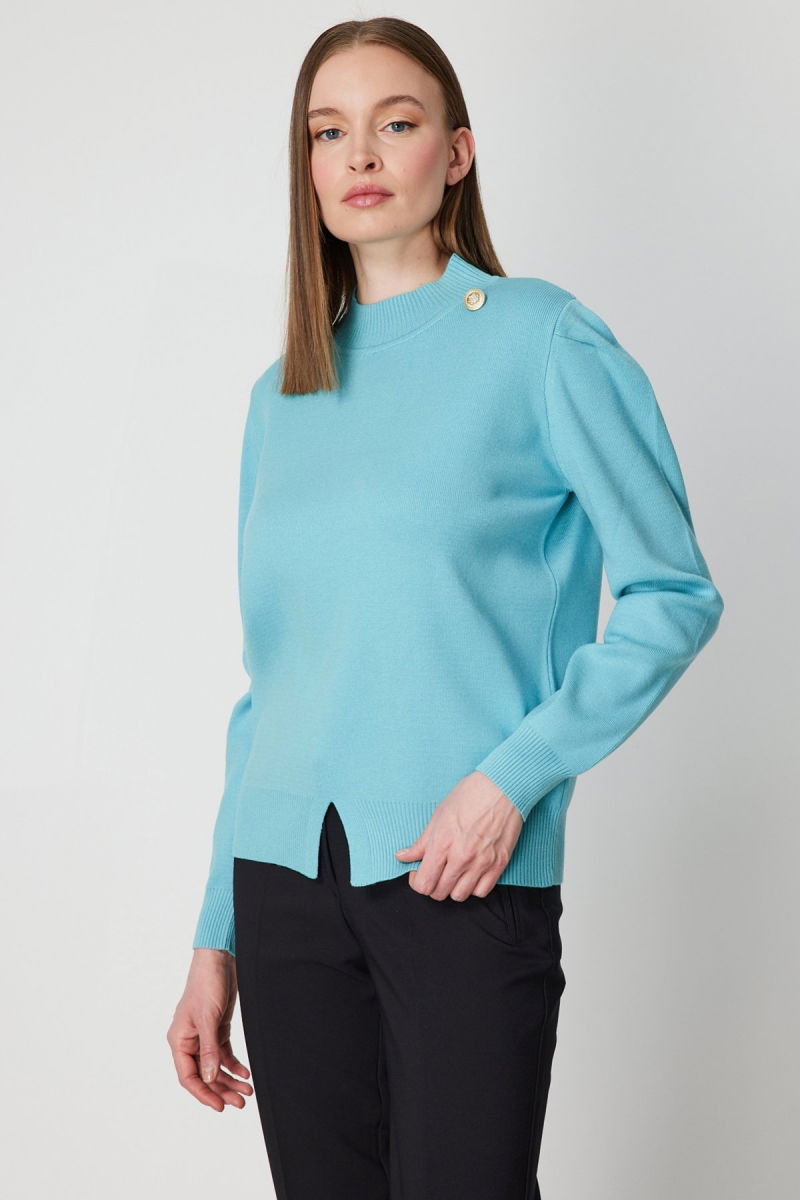 On Kadın Dik Yaka Düğme Detaylı Kazak 65331 Turkuaz - 2