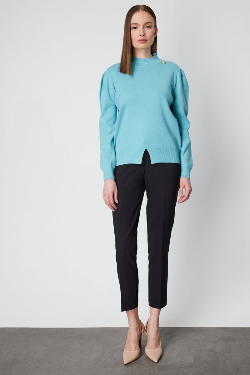 On Kadın Dik Yaka Düğme Detaylı Kazak 65331 Turkuaz - 3