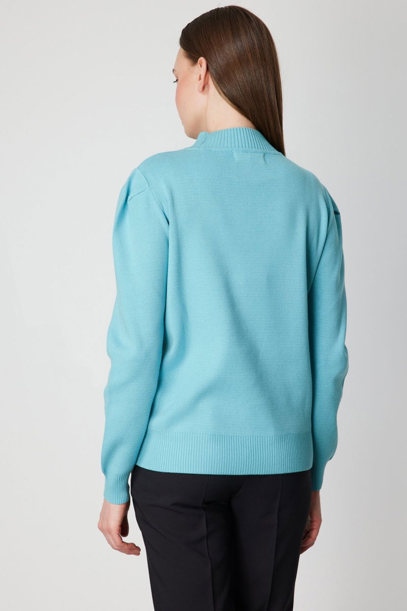 On Kadın Dik Yaka Düğme Detaylı Kazak 65331 Turkuaz - 4