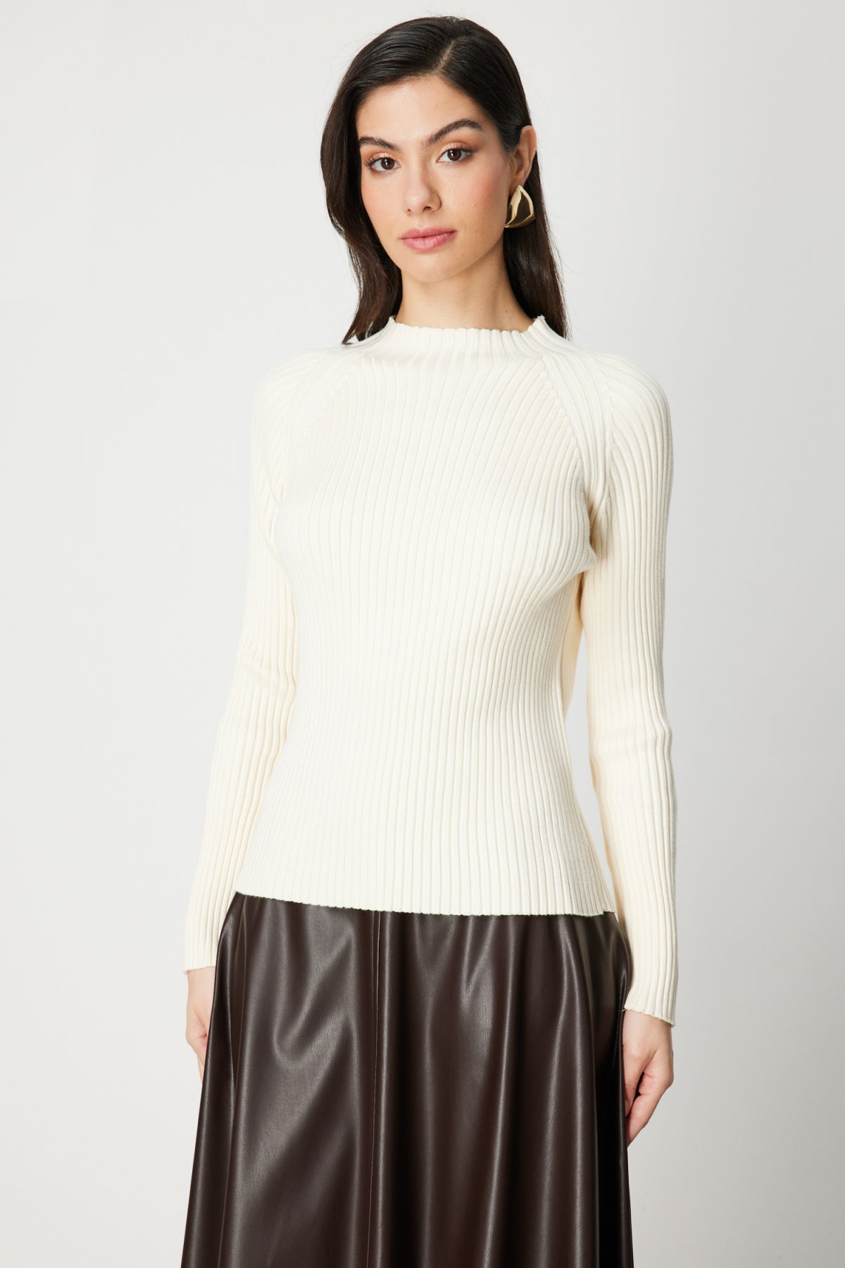 On Kadın Dik Yaka Fitilli Triko Kazak 60357 Ekru - 2