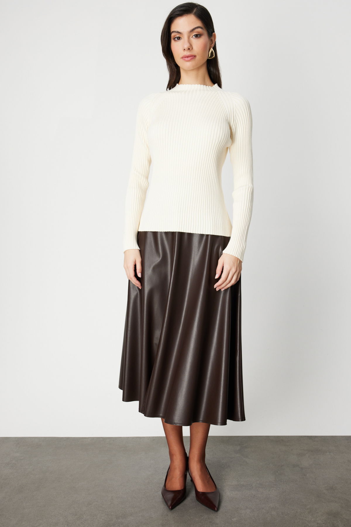 On Kadın Dik Yaka Fitilli Triko Kazak 60357 Ekru - 3