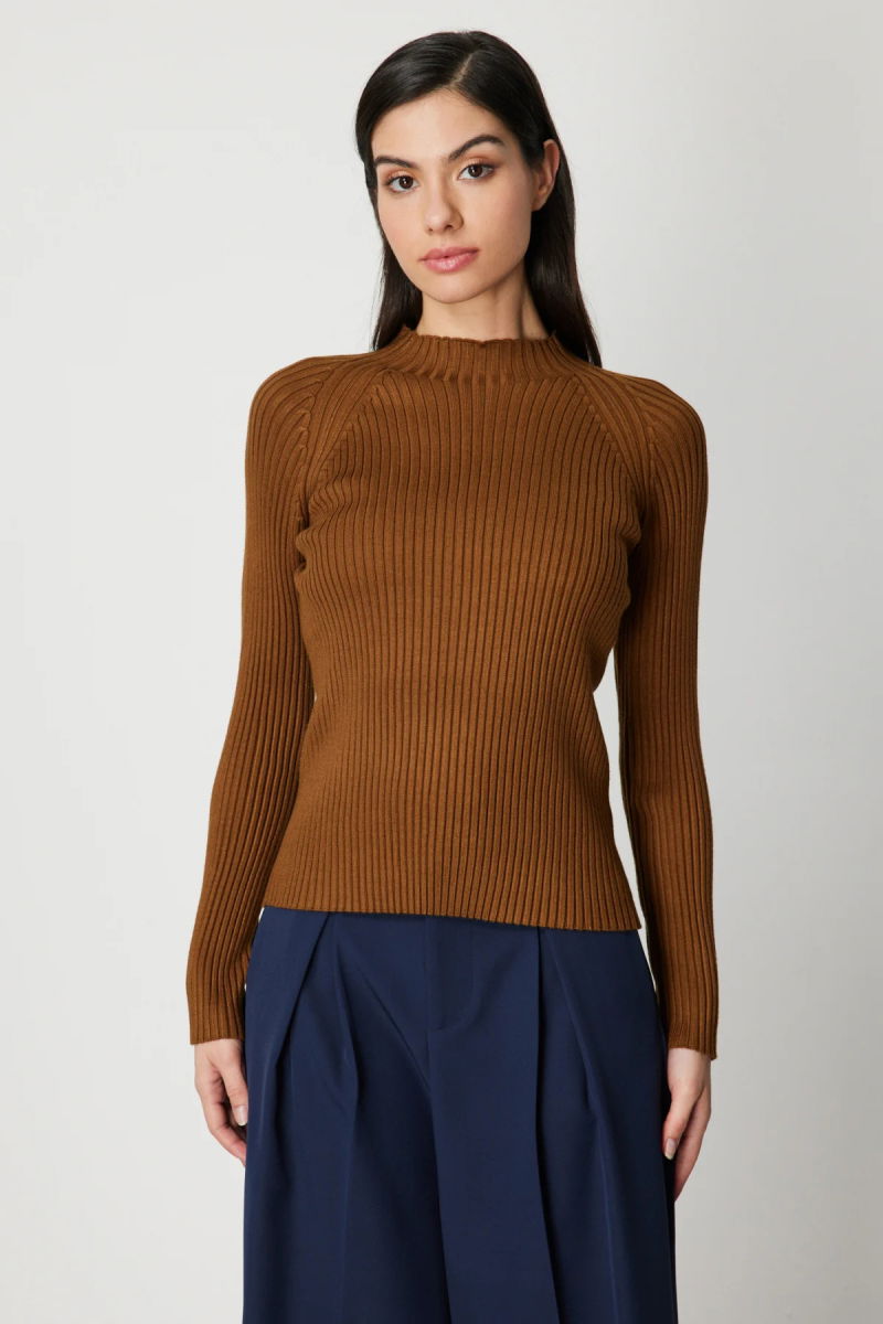On Kadın Dik Yaka Fitilli Triko Kazak 60357 Kahverengi - On